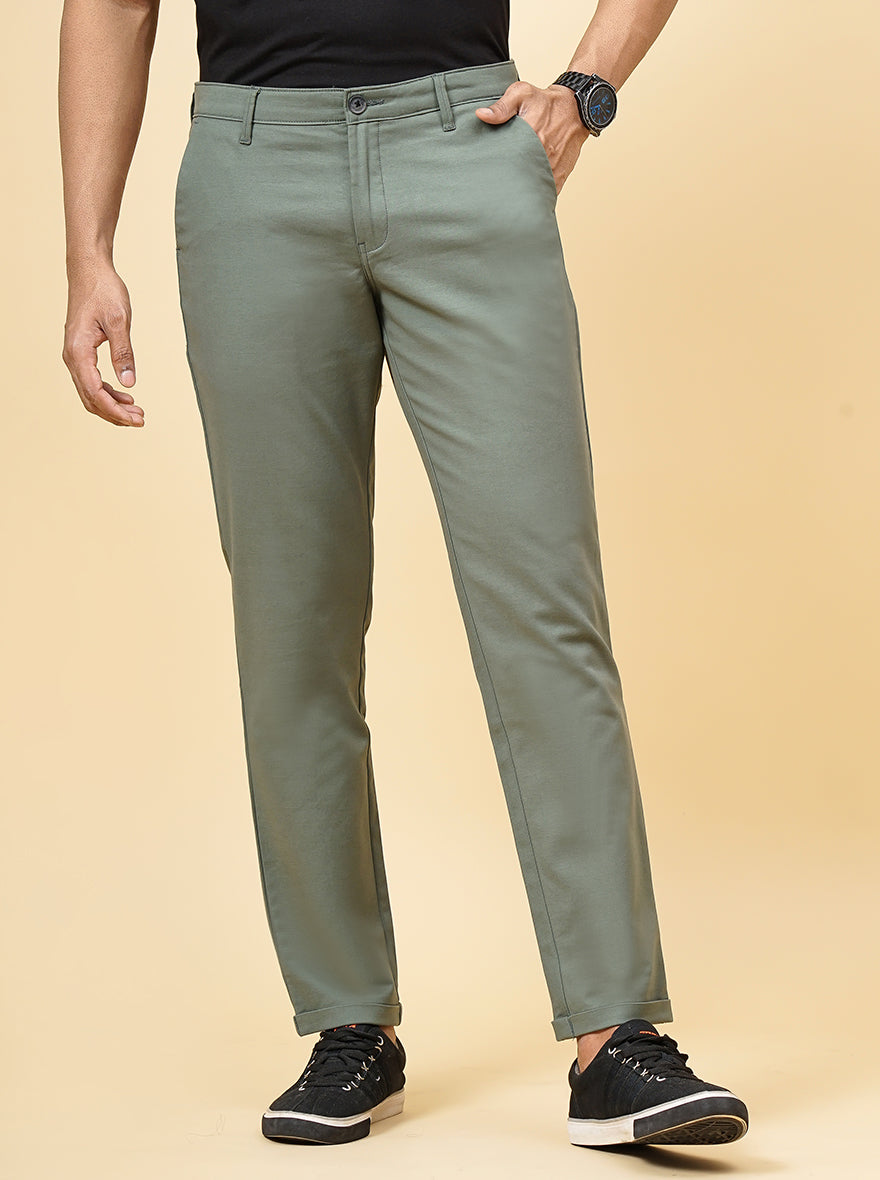 Olive Green Solid Uno Fit Casual Trouser | JadeBlue