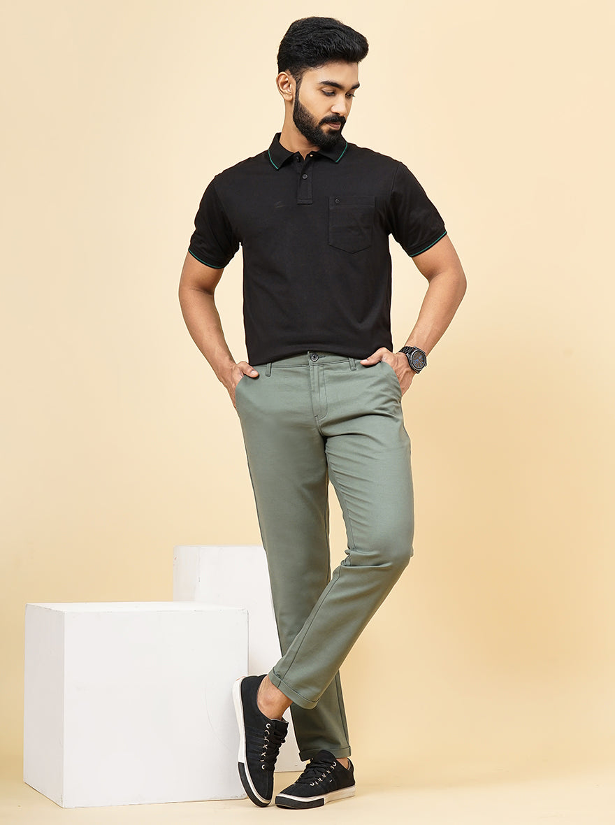 Olive Green Solid Uno Fit Casual Trouser | JadeBlue