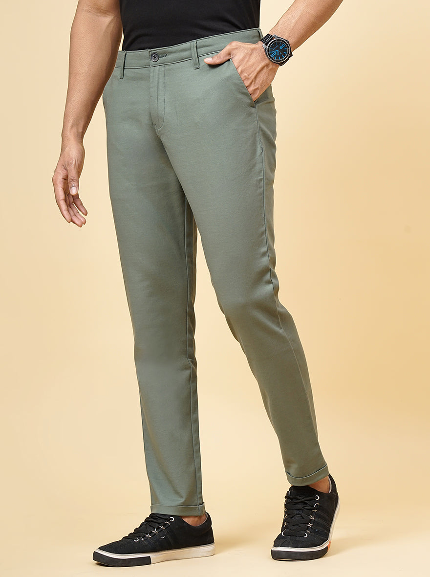 Olive Green Solid Uno Fit Casual Trouser | JadeBlue