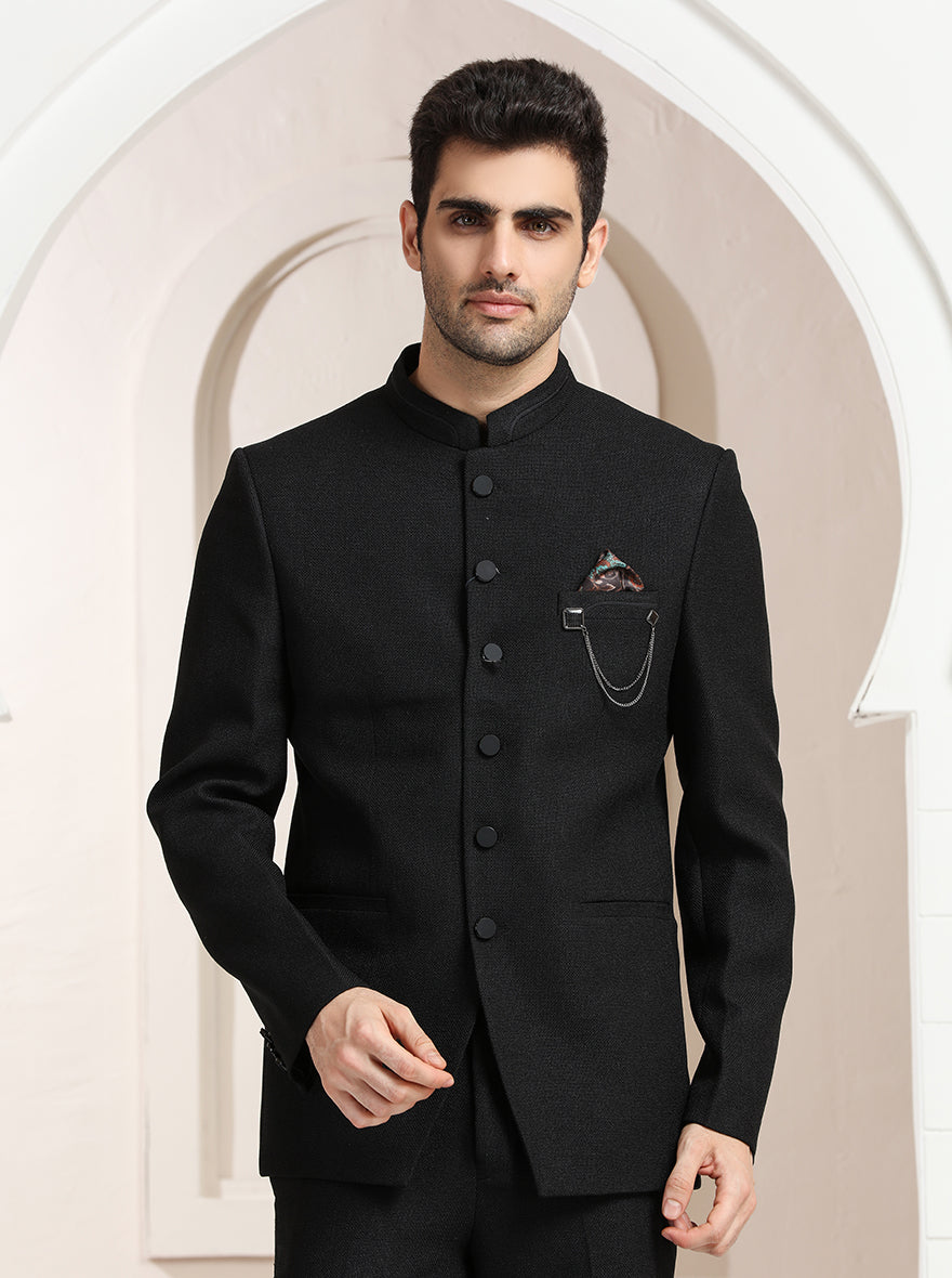 Black Self Textured Jodhpuri Suit | JadeBlue