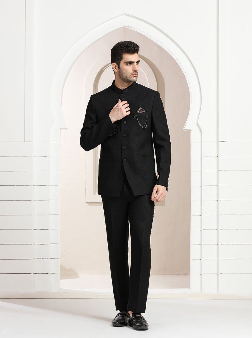 Black Self Textured Jodhpuri Suit | JadeBlue