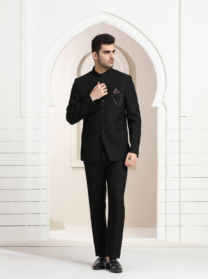 Black Self Textured Jodhpuri Suit | JadeBlue