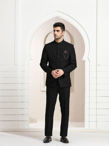 Black Self Textured Jodhpuri Suit | JadeBlue