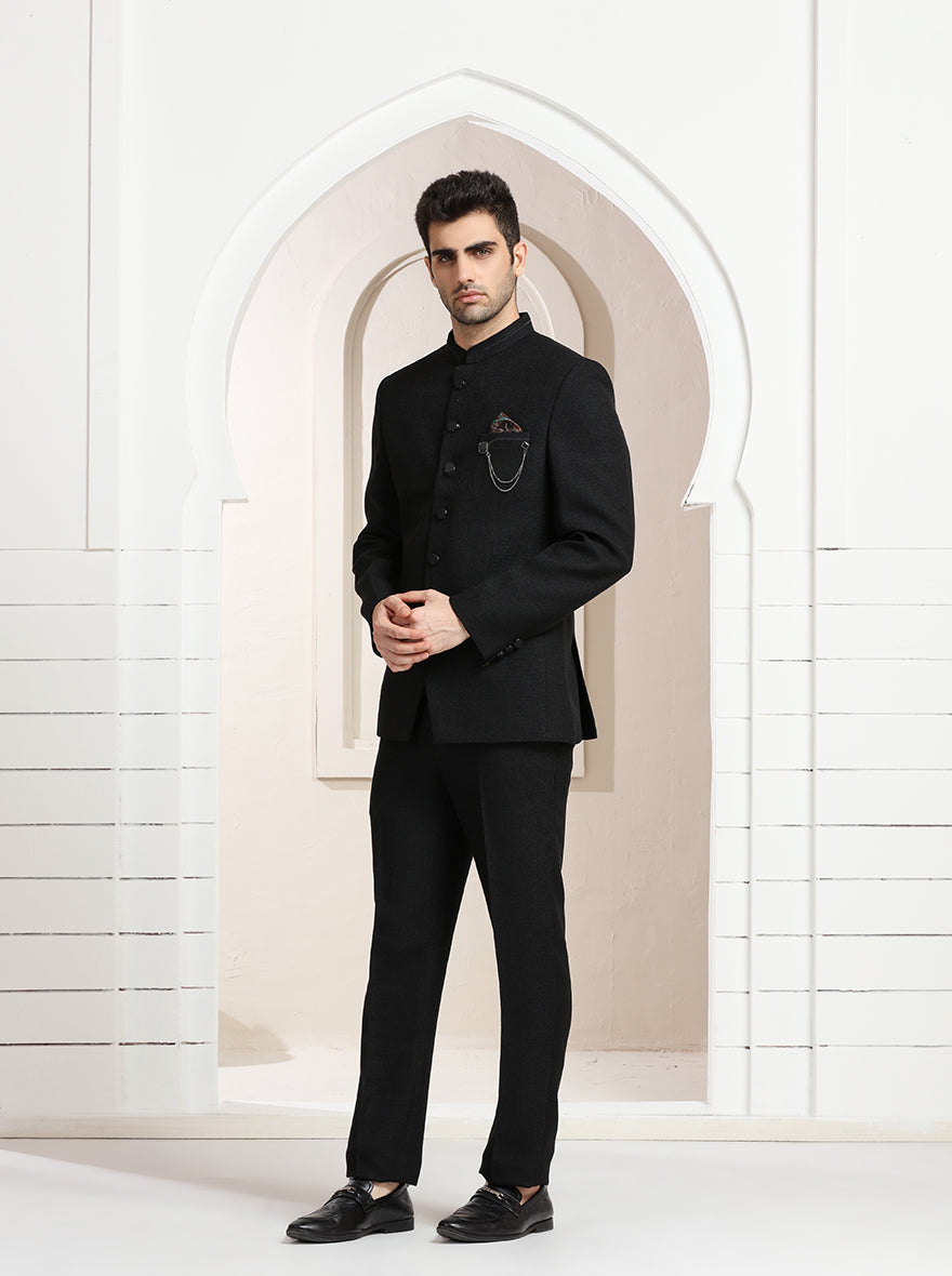 Black Self Textured Jodhpuri Suit | JadeBlue