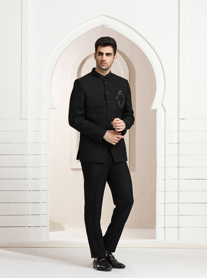 Black Self Textured Jodhpuri Suit | JadeBlue