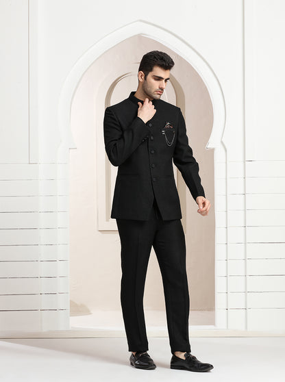 Black Self Textured Jodhpuri Suit | JadeBlue