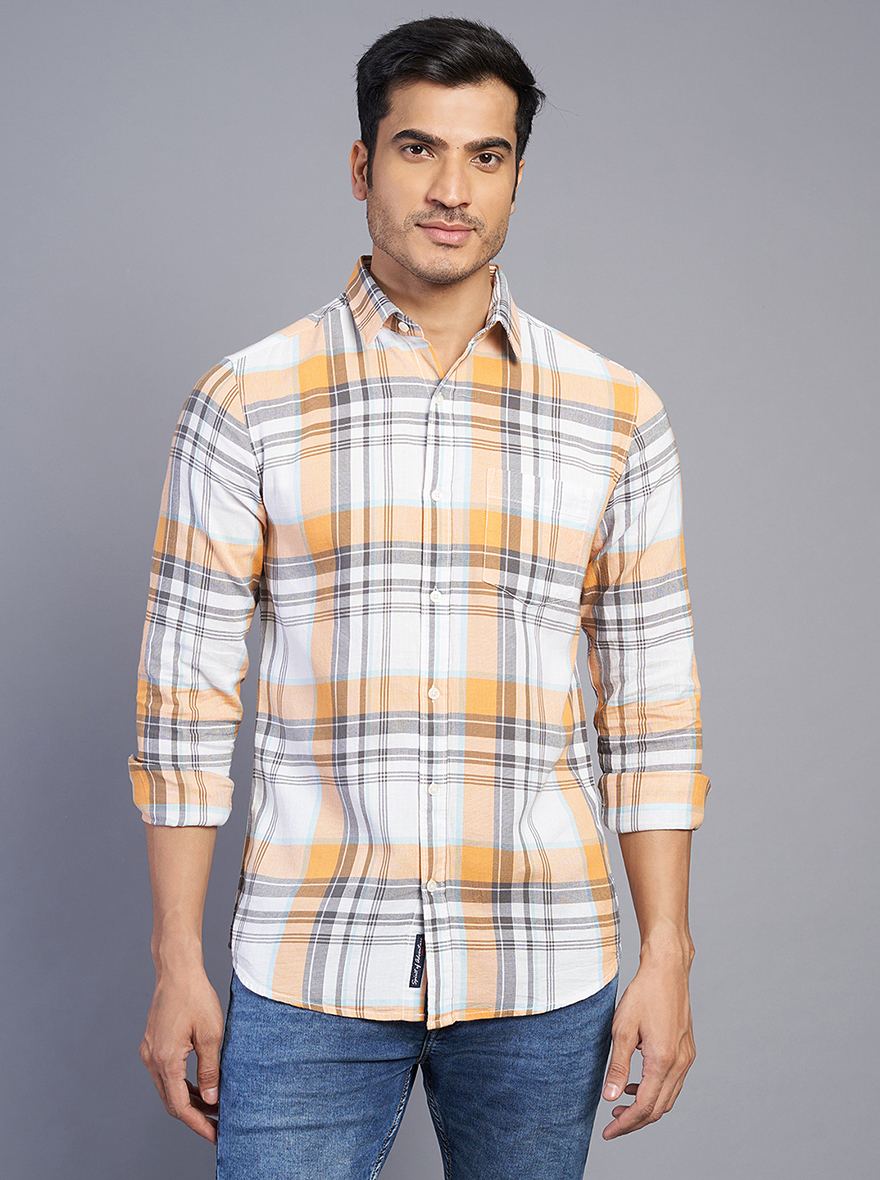 Orange Checked Slim Fit Casual Shirt | JadeBlue
