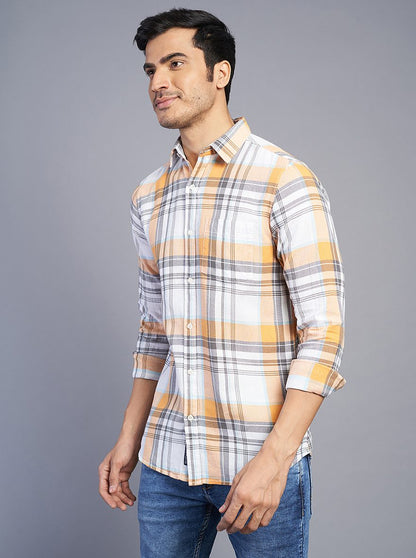 Orange Checked Slim Fit Casual Shirt | JadeBlue