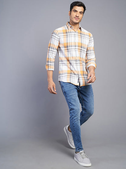 Orange Checked Slim Fit Casual Shirt | JadeBlue