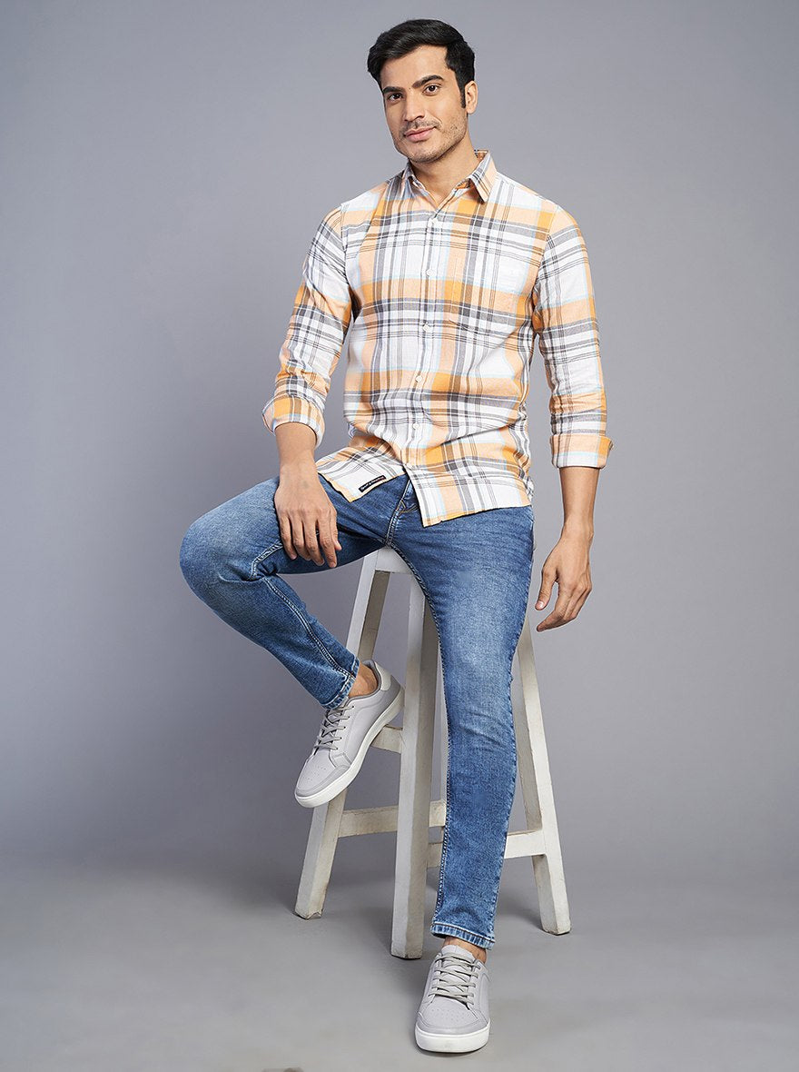 Orange Checked Slim Fit Casual Shirt | JadeBlue