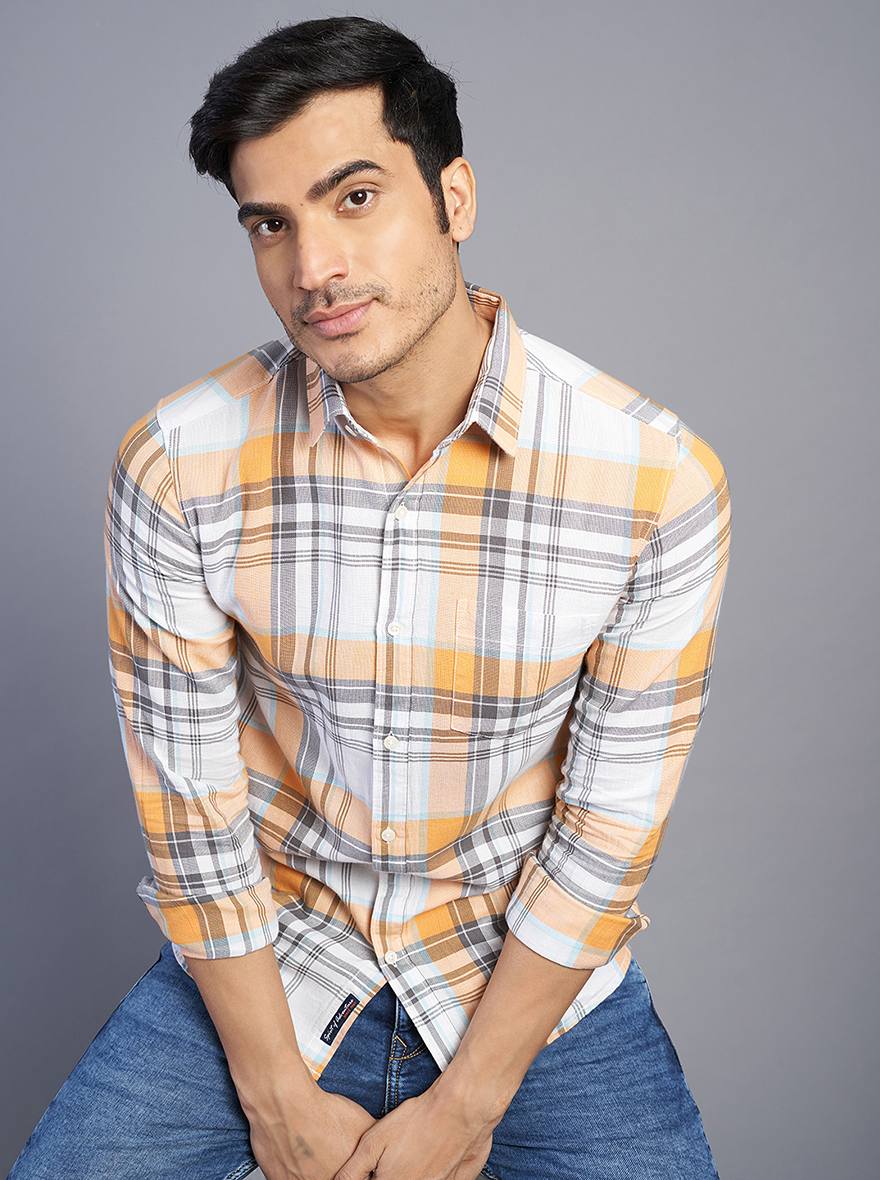 Orange Checked Slim Fit Casual Shirt | JadeBlue