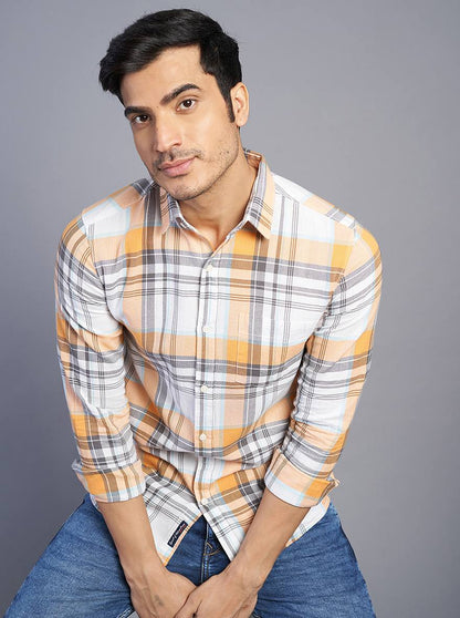 Orange Checked Slim Fit Casual Shirt | JadeBlue