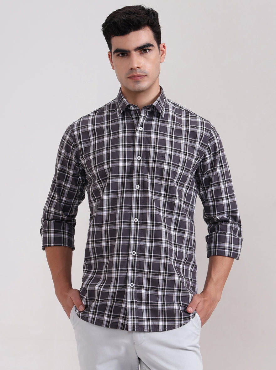 Grey Checked Tailored Fit Semi Casual Shirt | JadeBlue