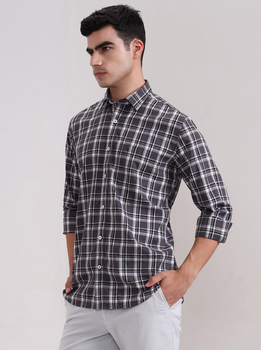 Grey Checked Tailored Fit Semi Casual Shirt | JadeBlue