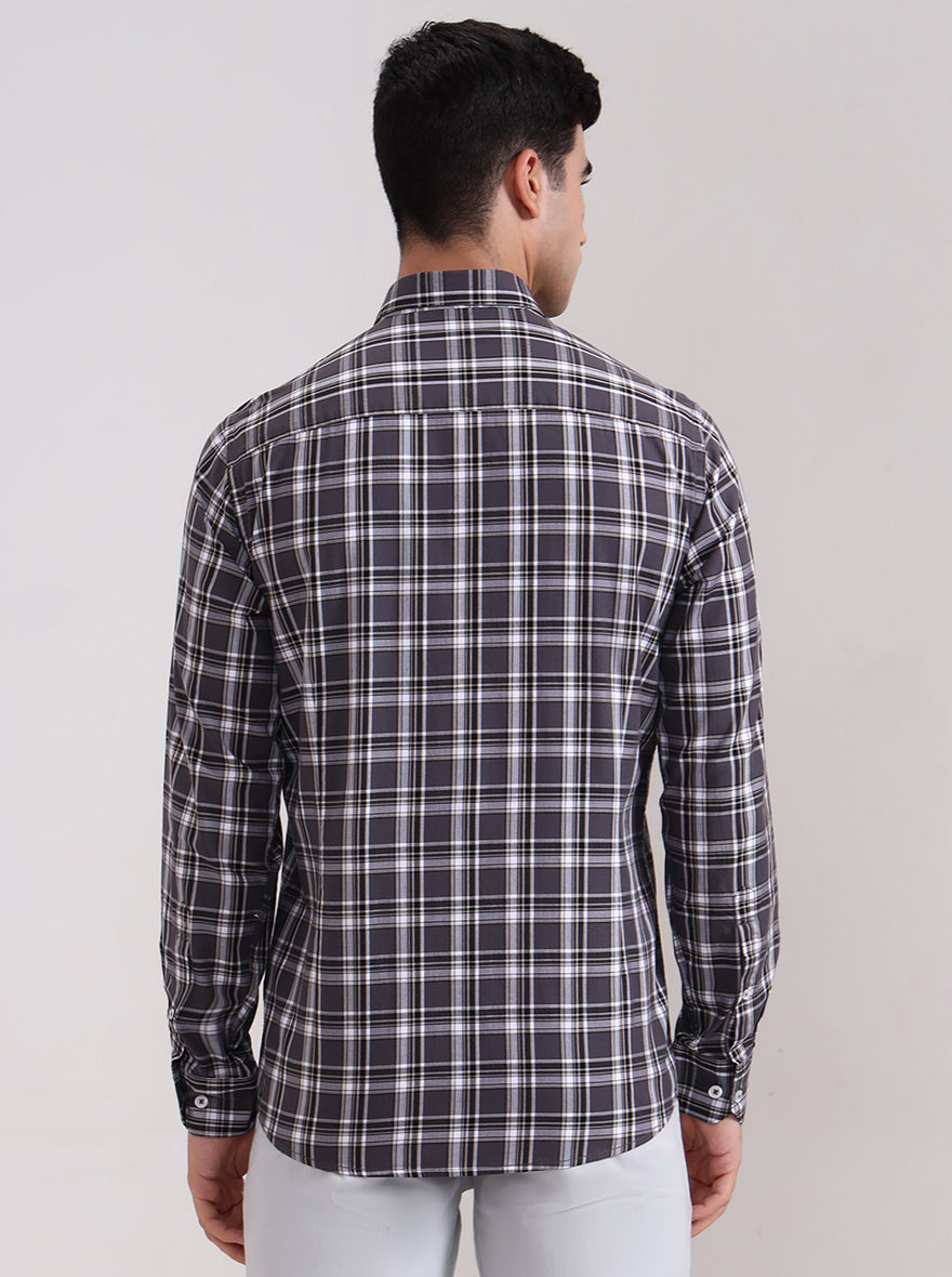 Grey Checked Tailored Fit Semi Casual Shirt | JadeBlue