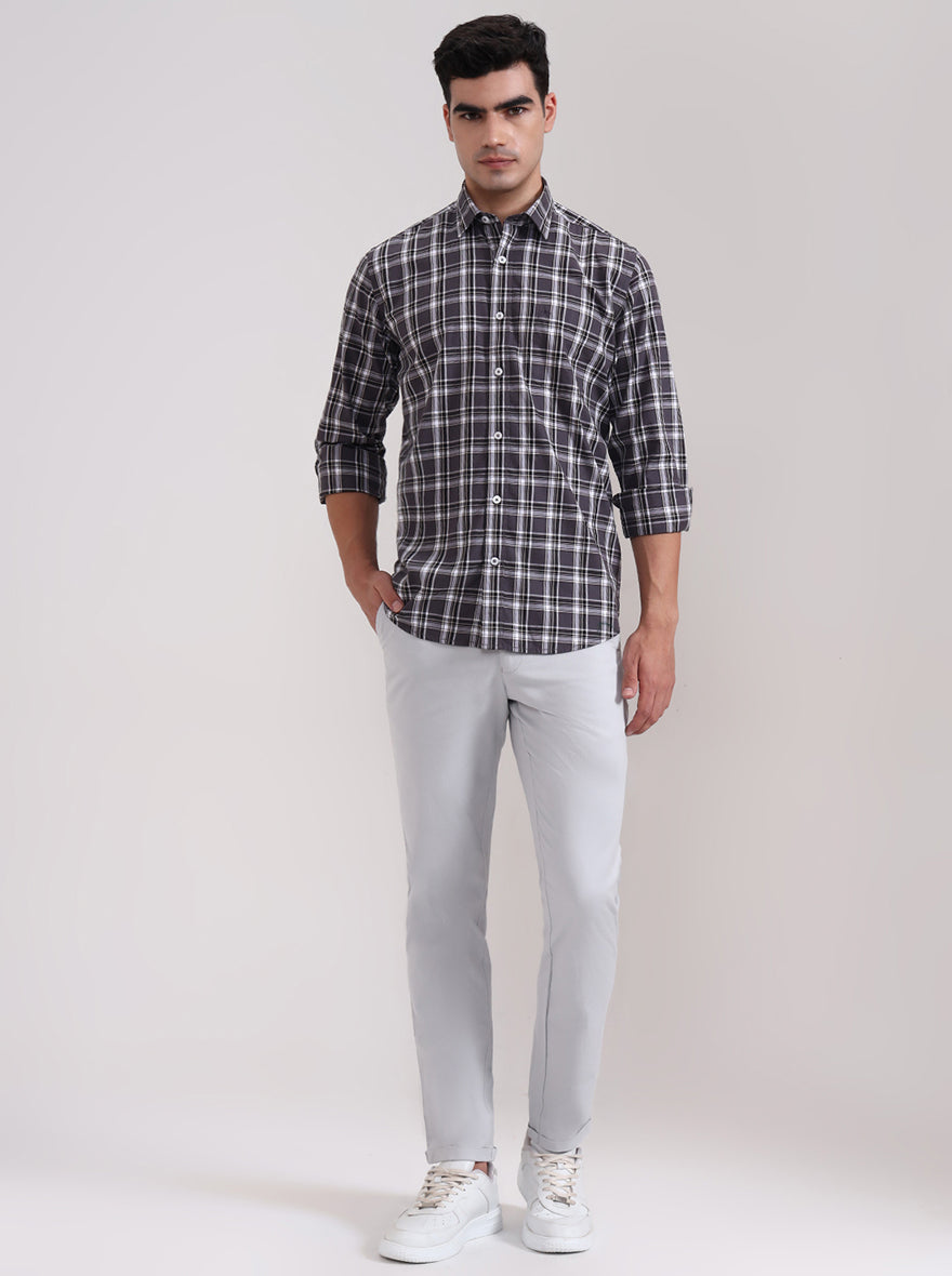 Grey Checked Tailored Fit Semi Casual Shirt | JadeBlue