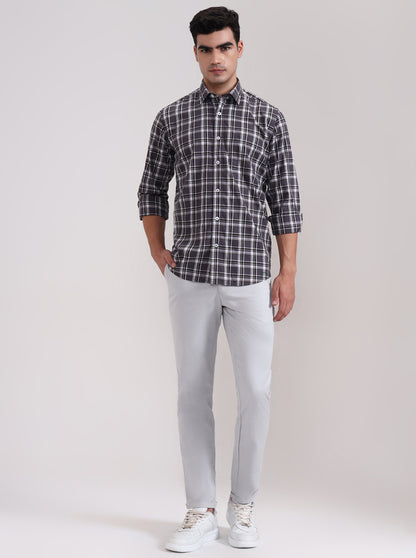 Grey Checked Tailored Fit Semi Casual Shirt | JadeBlue