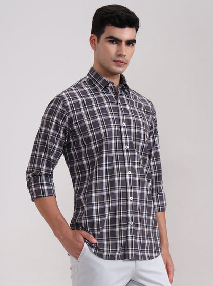 Grey Checked Tailored Fit Semi Casual Shirt | JadeBlue