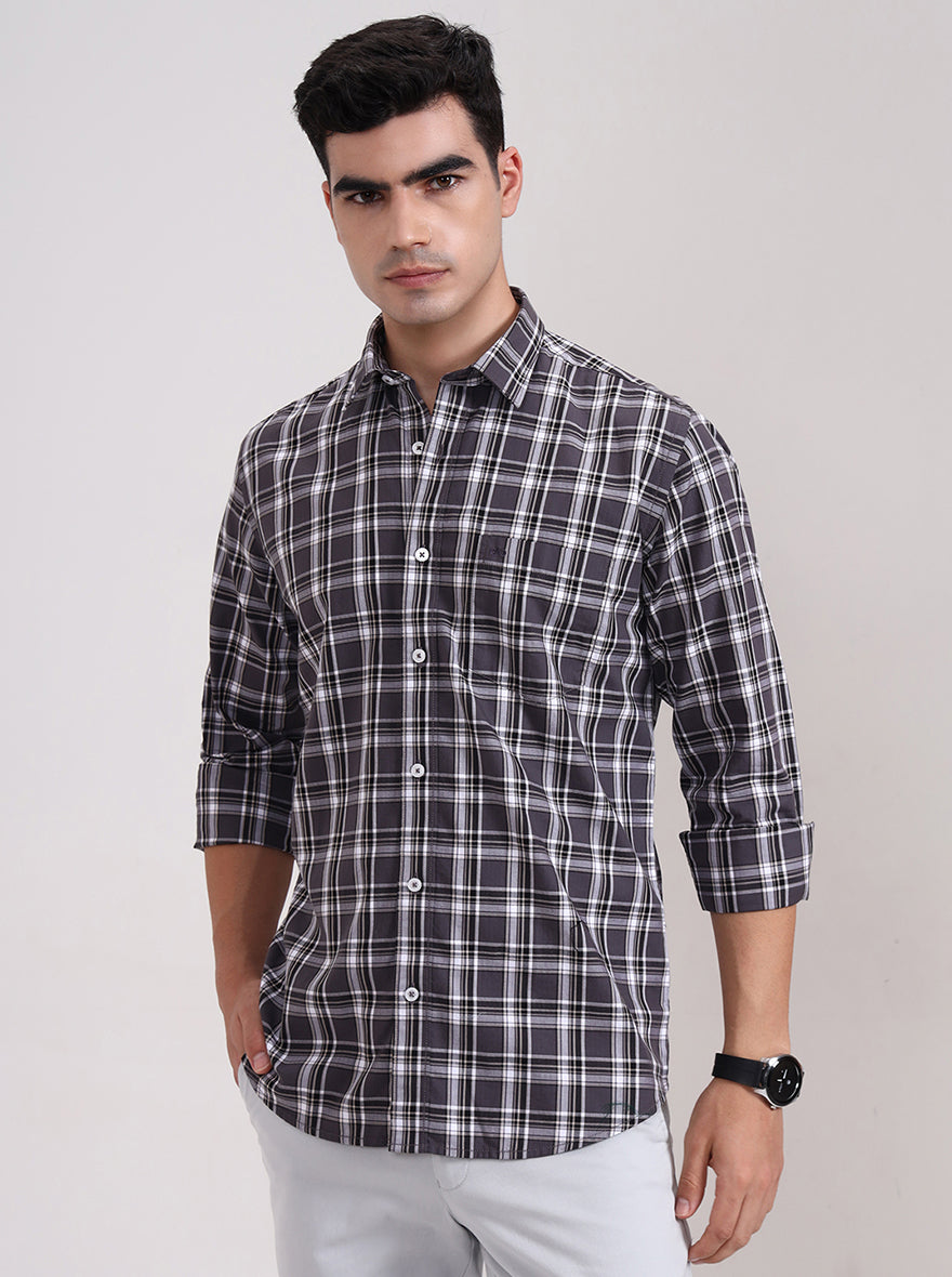 Grey Checked Tailored Fit Semi Casual Shirt | JadeBlue