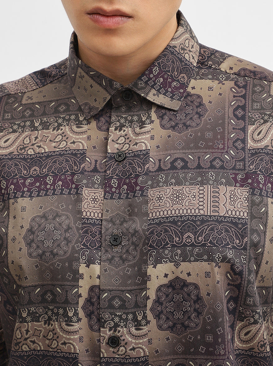Olive Printed Slim Fit Casual Shirt | JadeBlue