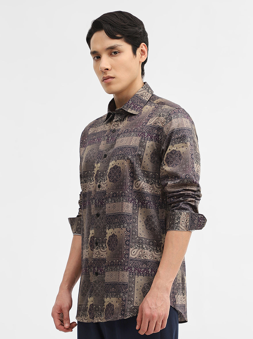 Olive Printed Slim Fit Casual Shirt | JadeBlue
