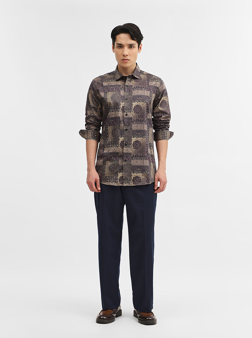 Olive Printed Slim Fit Casual Shirt | JadeBlue