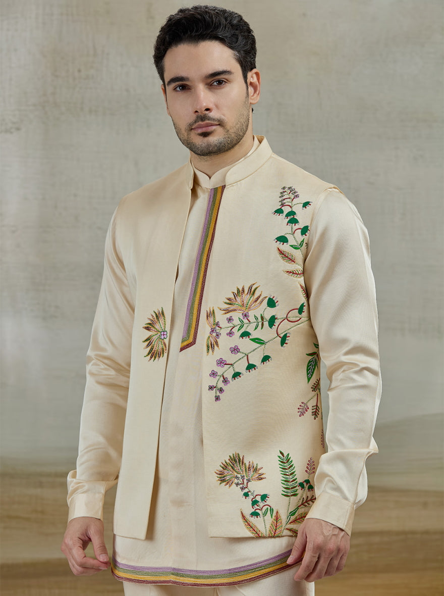 Cream Embroidered Kurta Pajama with Koti | TULA