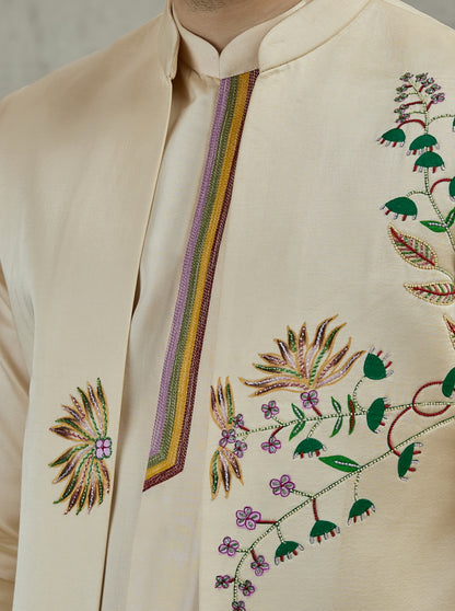 Cream Embroidered Kurta Pajama with Koti | TULA
