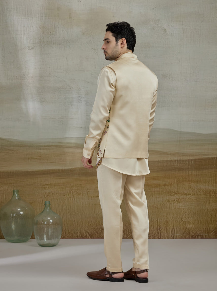 Cream Embroidered Kurta Pajama with Koti | TULA