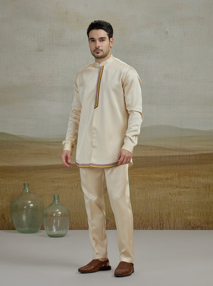 Cream Embroidered Kurta Pajama with Koti | TULA