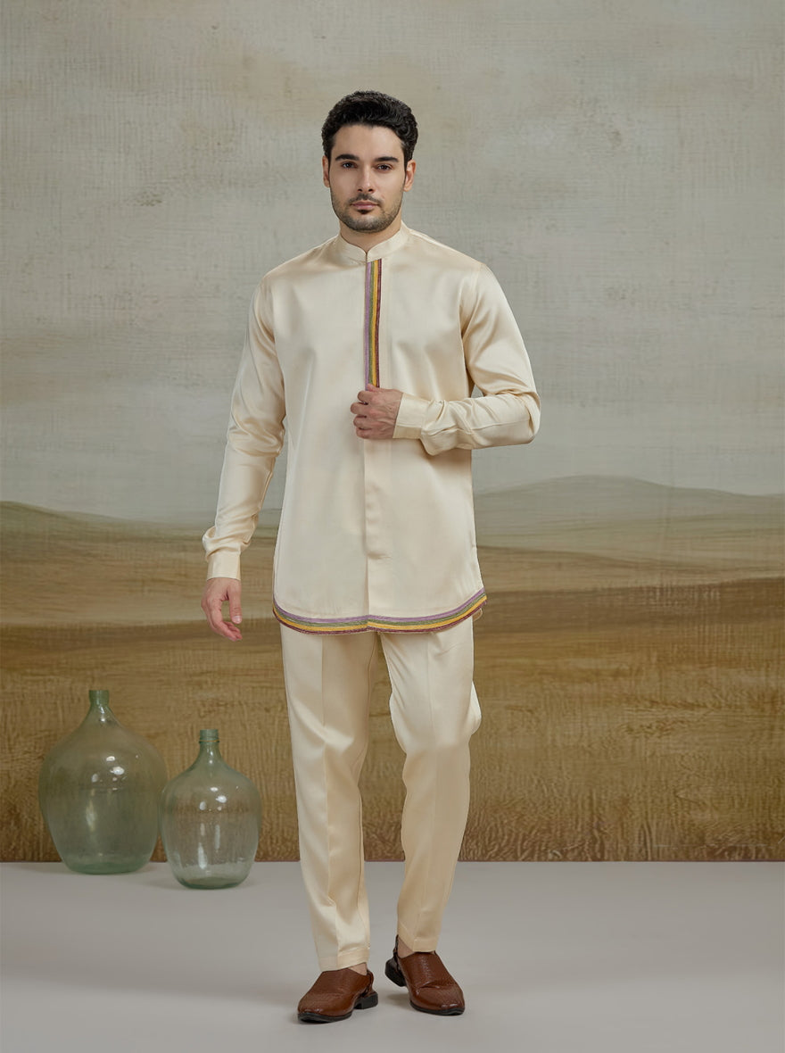 Cream Embroidered Kurta Pajama with Koti | TULA
