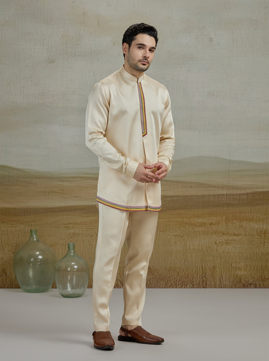 Cream Embroidered Kurta Pajama with Koti | TULA
