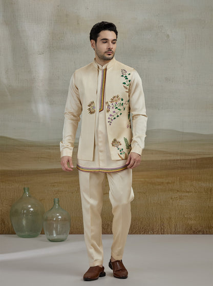 Cream Embroidered Kurta Pajama with Koti | TULA