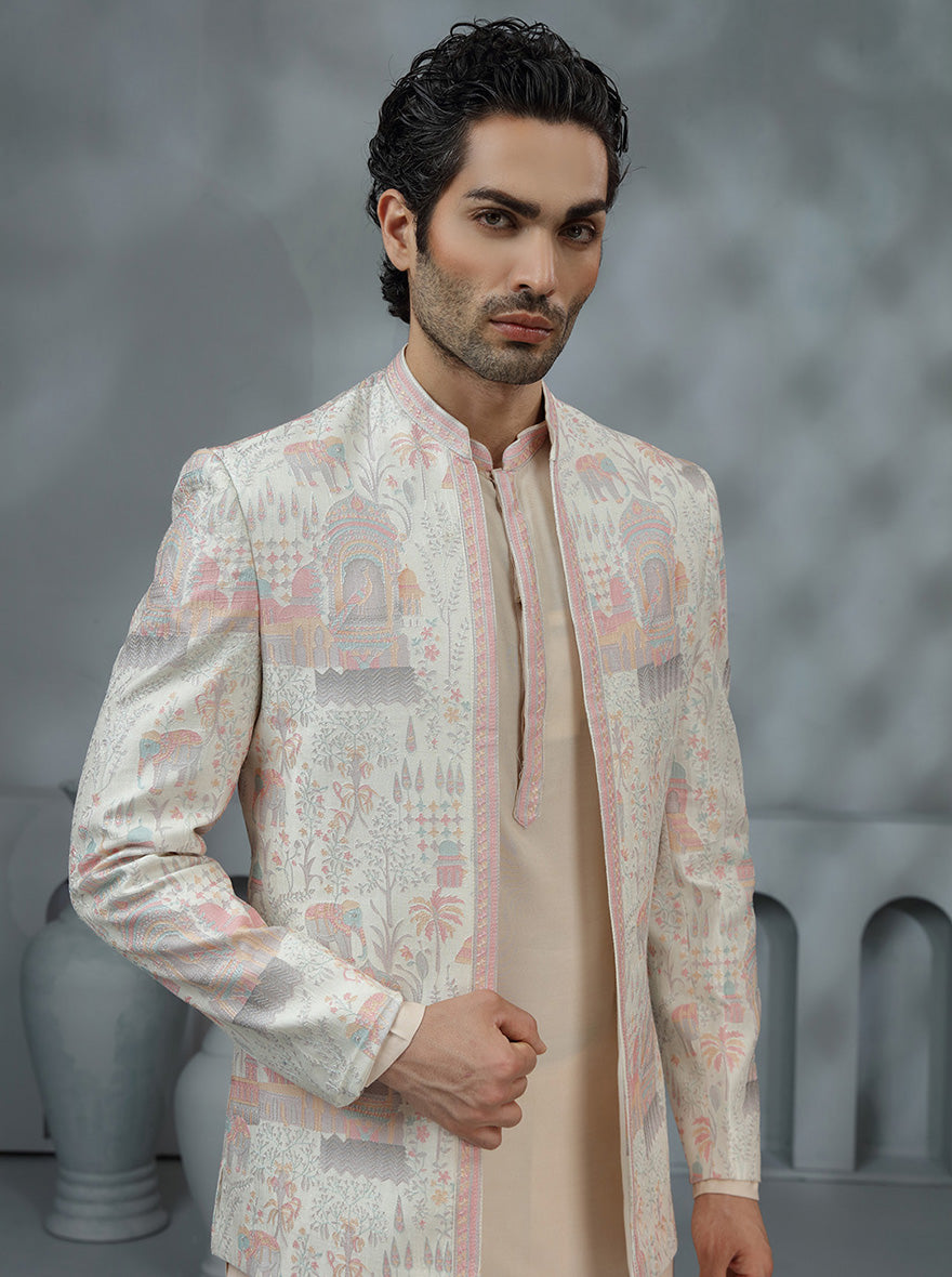 Cream & Pink Printed Indowestern | TULA