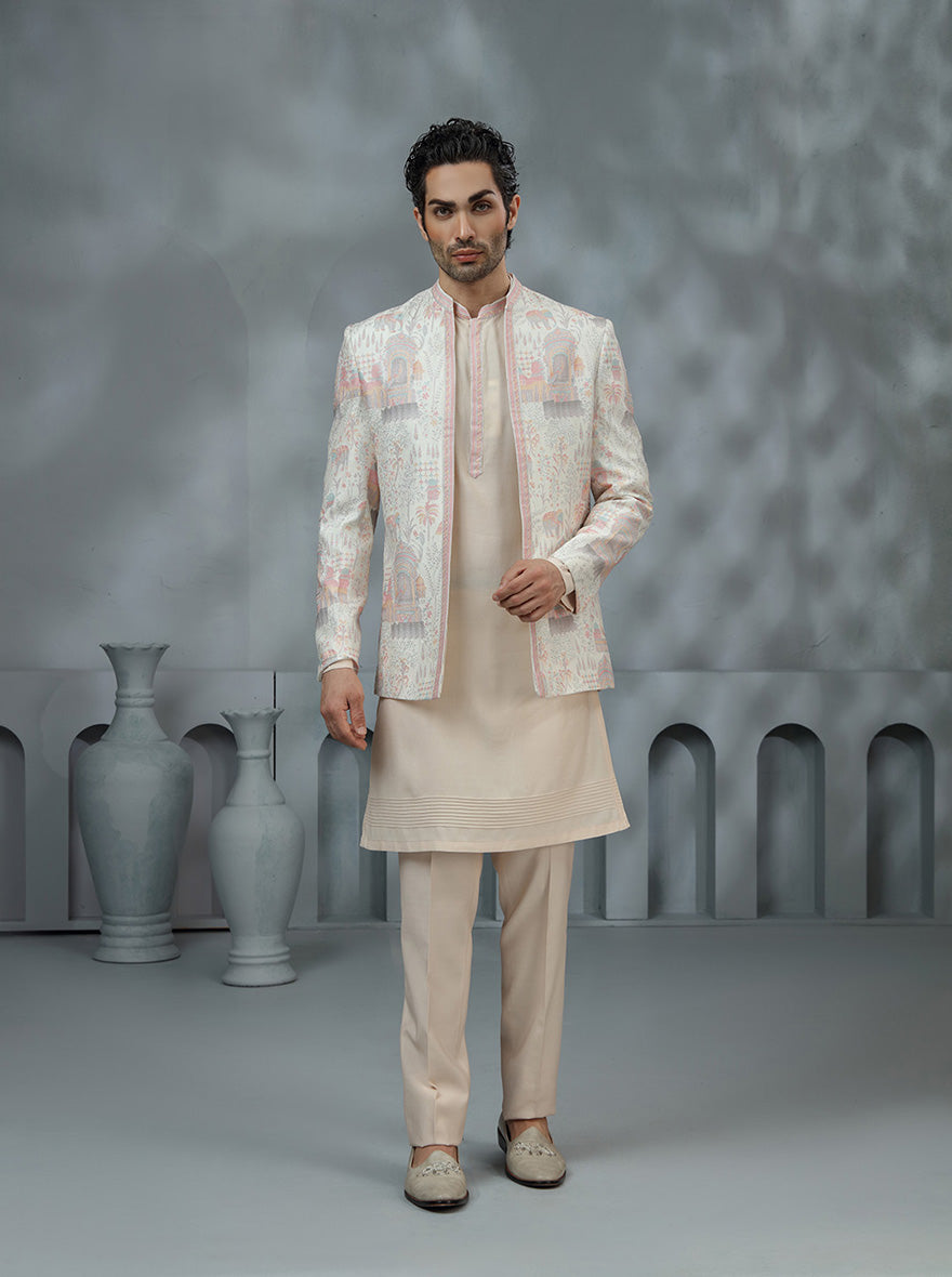 Cream & Pink Printed Indowestern | TULA