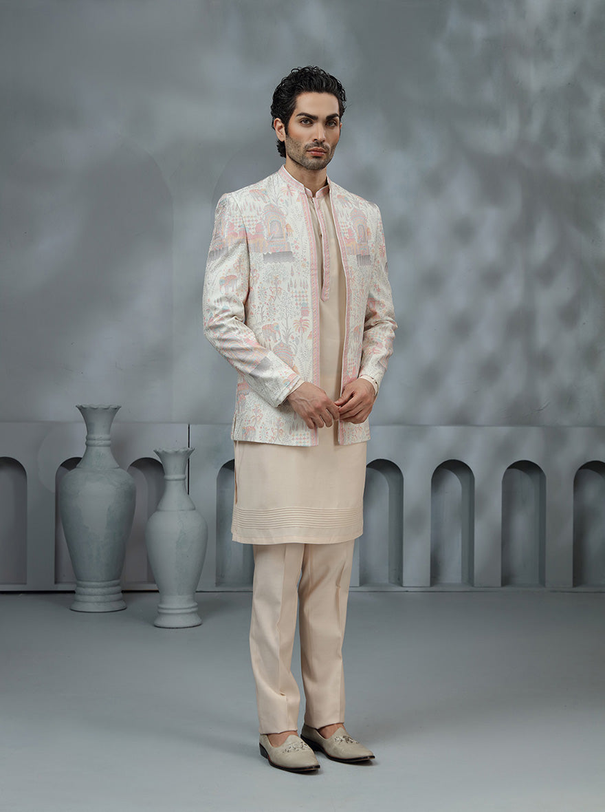 Cream & Pink Printed Indowestern | TULA