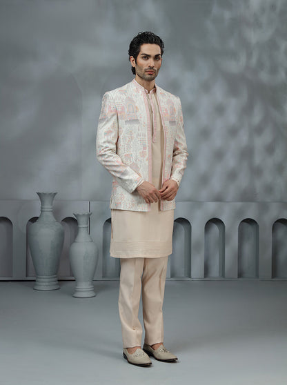 Cream & Pink Printed Indowestern | TULA