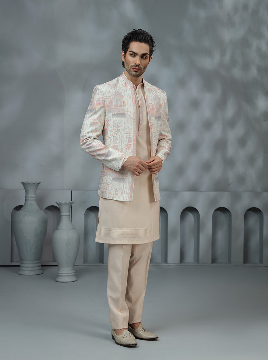 Cream & Pink Printed Indowestern | TULA