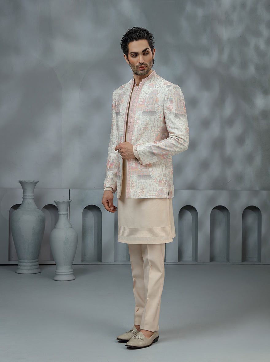 Cream & Pink Printed Indowestern | TULA