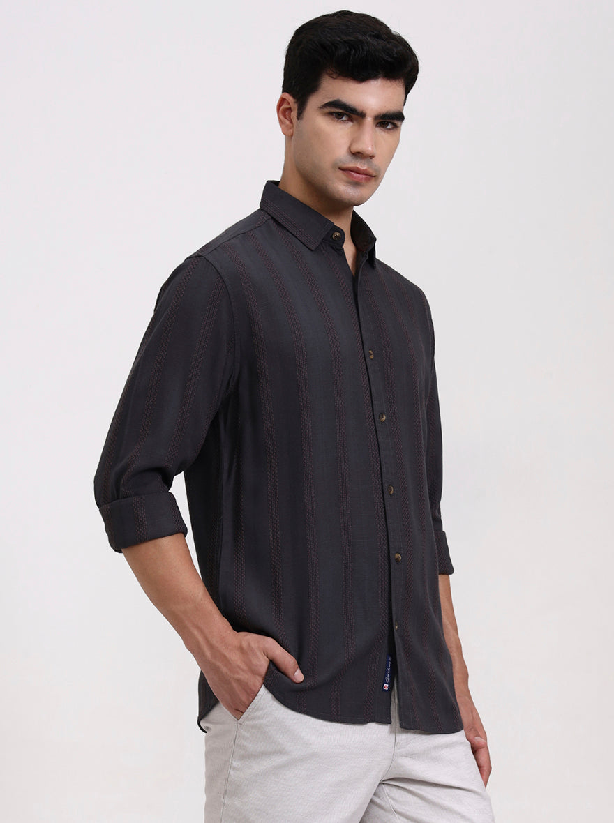 Dark Grey Striped Slim Fit Formal Trouser | Greenfibre