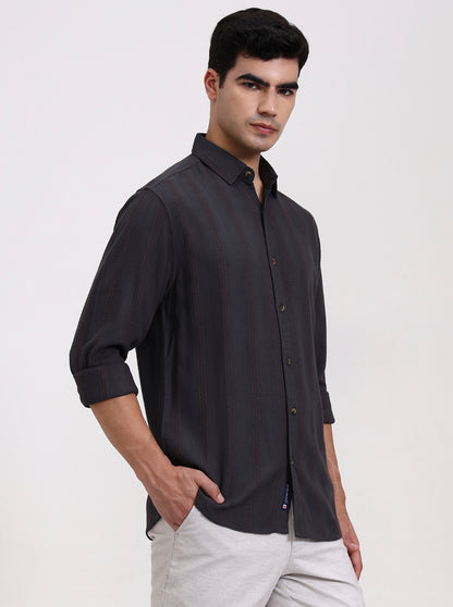 Dark Grey Striped Slim Fit Formal Trouser | Greenfibre