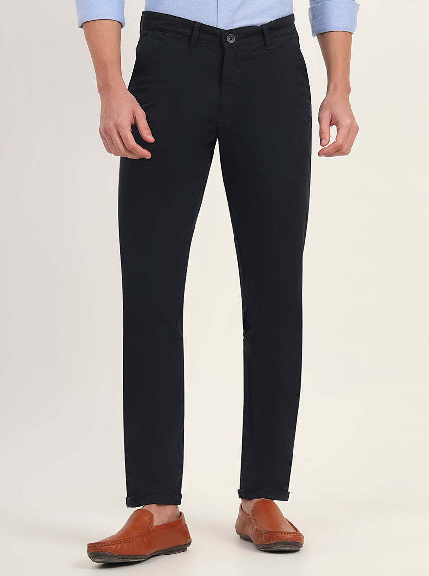 Navy Blue Solid Neo Fit Casual Trouser | Greenfibre