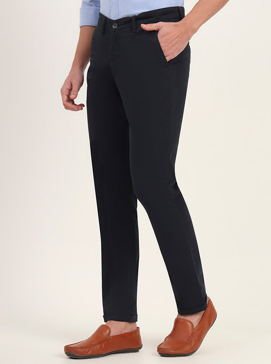 Navy Blue Solid Neo Fit Casual Trouser | Greenfibre