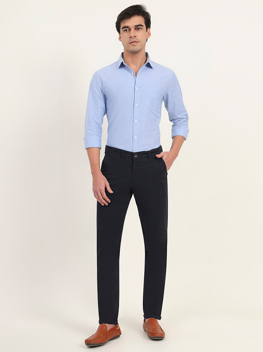 Navy Blue Solid Neo Fit Casual Trouser | Greenfibre