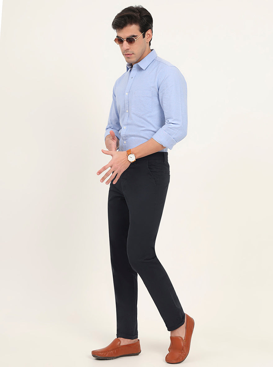 Navy Blue Solid Neo Fit Casual Trouser | Greenfibre