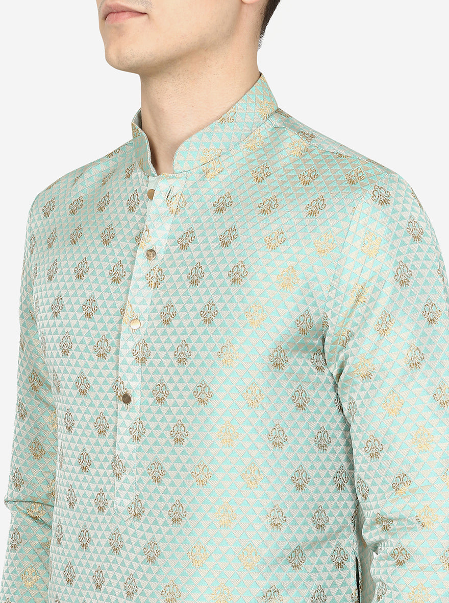 Mint Green Printed Ethnic Silk Blend Kurta | The Kurta Company