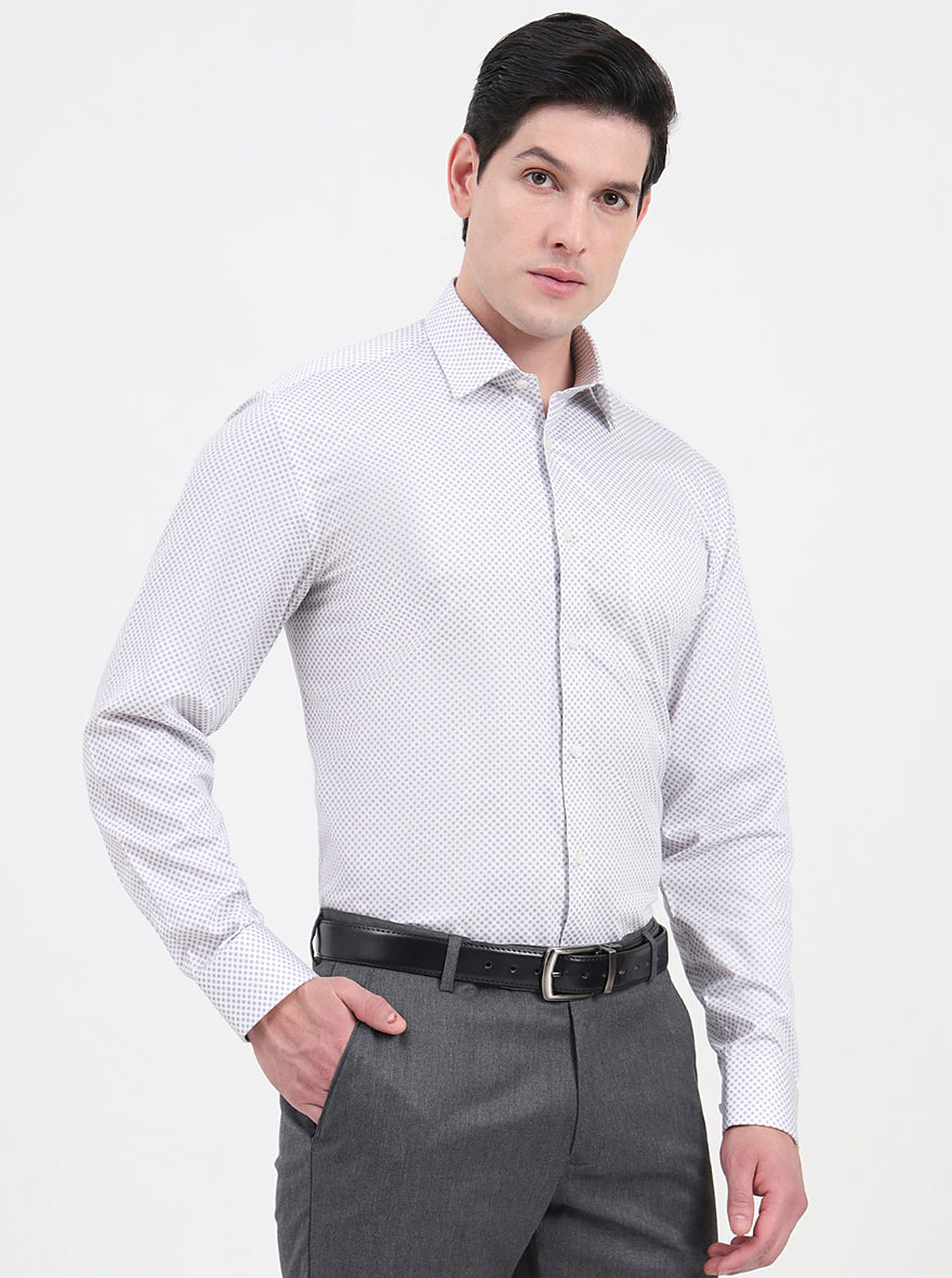 White & Grey Printed Regular Fit Formal Shirt | JadeBlue