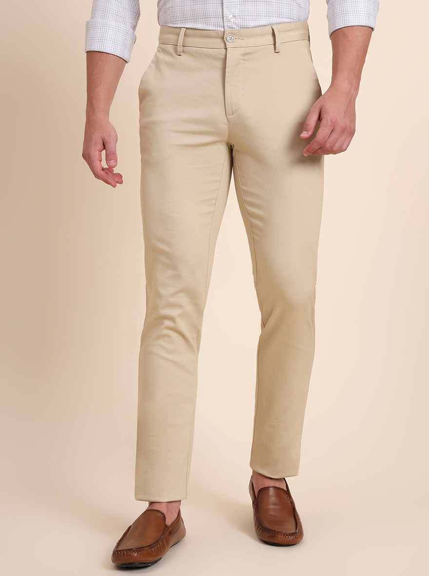 Beige Solid Uno Fit Casual Trouser | JadeBlue