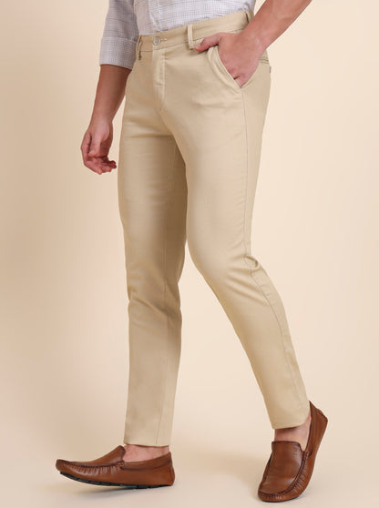 Beige Solid Uno Fit Casual Trouser | JadeBlue