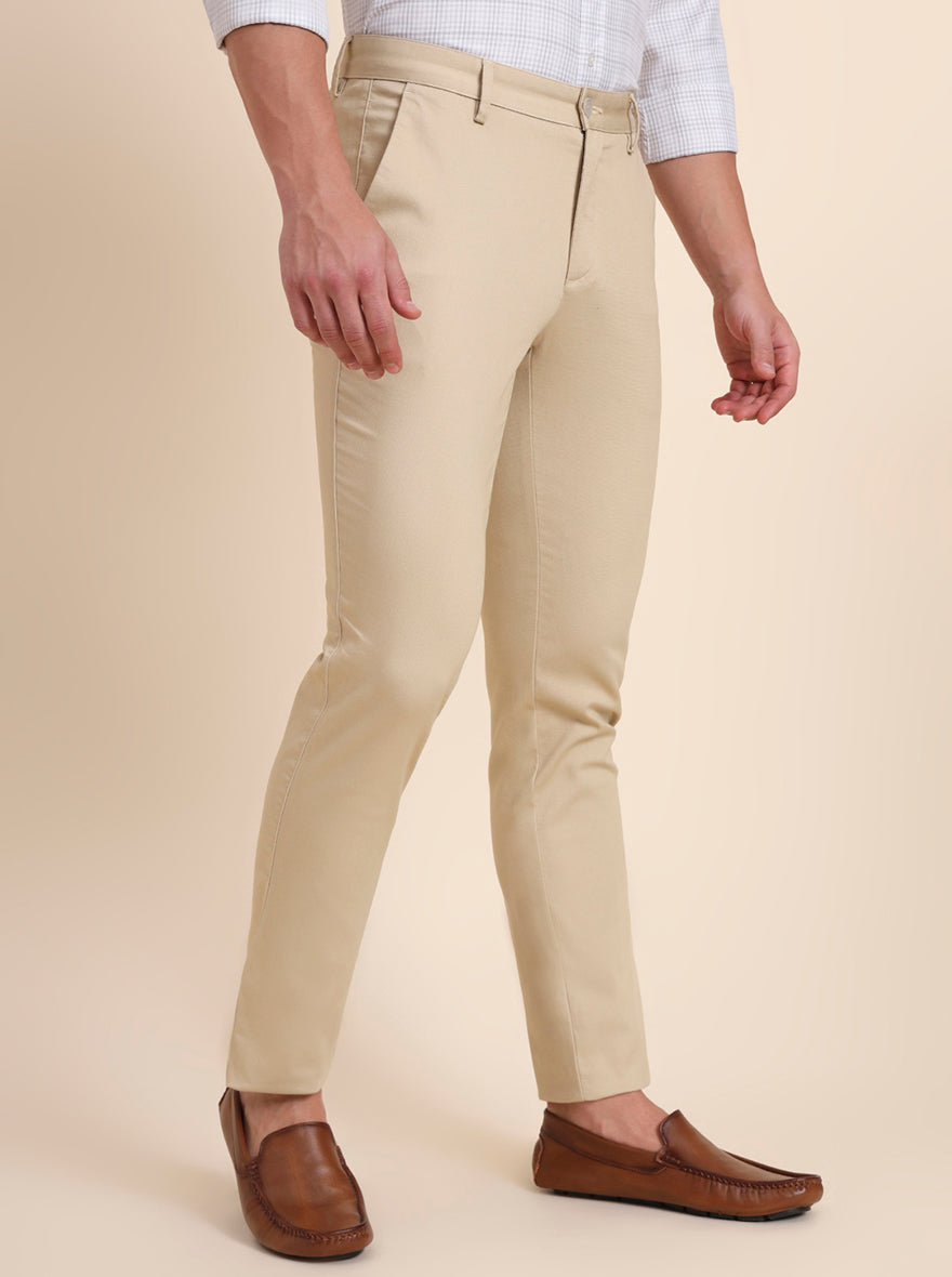 Beige Solid Uno Fit Casual Trouser | JadeBlue